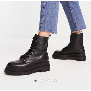 Stradivarius Black Flat Lace Up Combat Boots Platform Side Zip EUR 41 US 10 NWOT